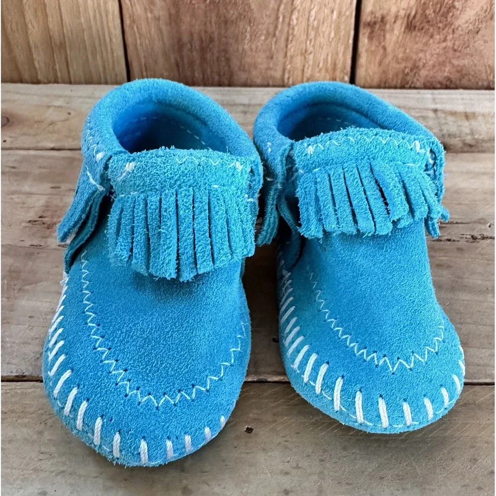 Minnetonka Moccasins Shoes Suede Turquoise Fringe Booties Size 2 Toddler
